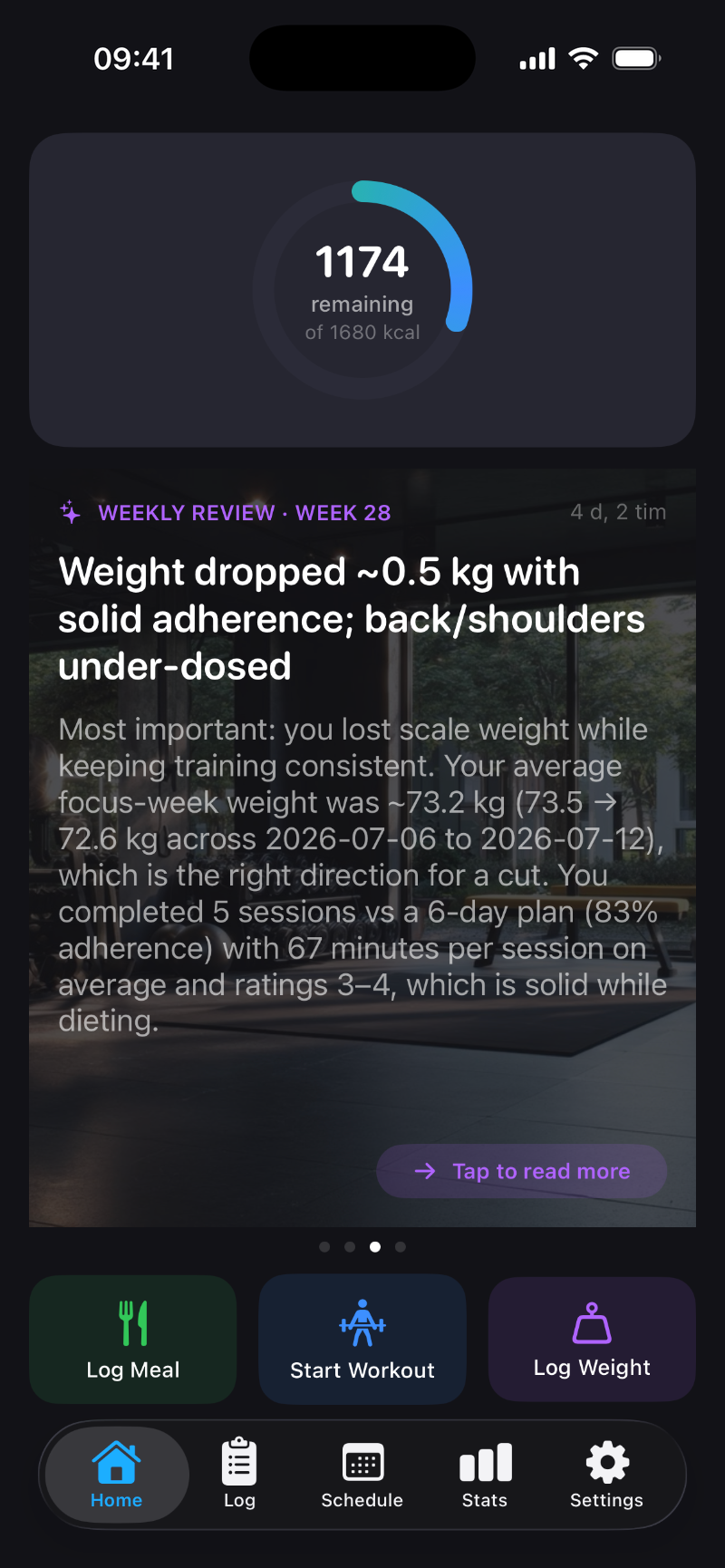 Home screen with AI weekly review and calorie ring