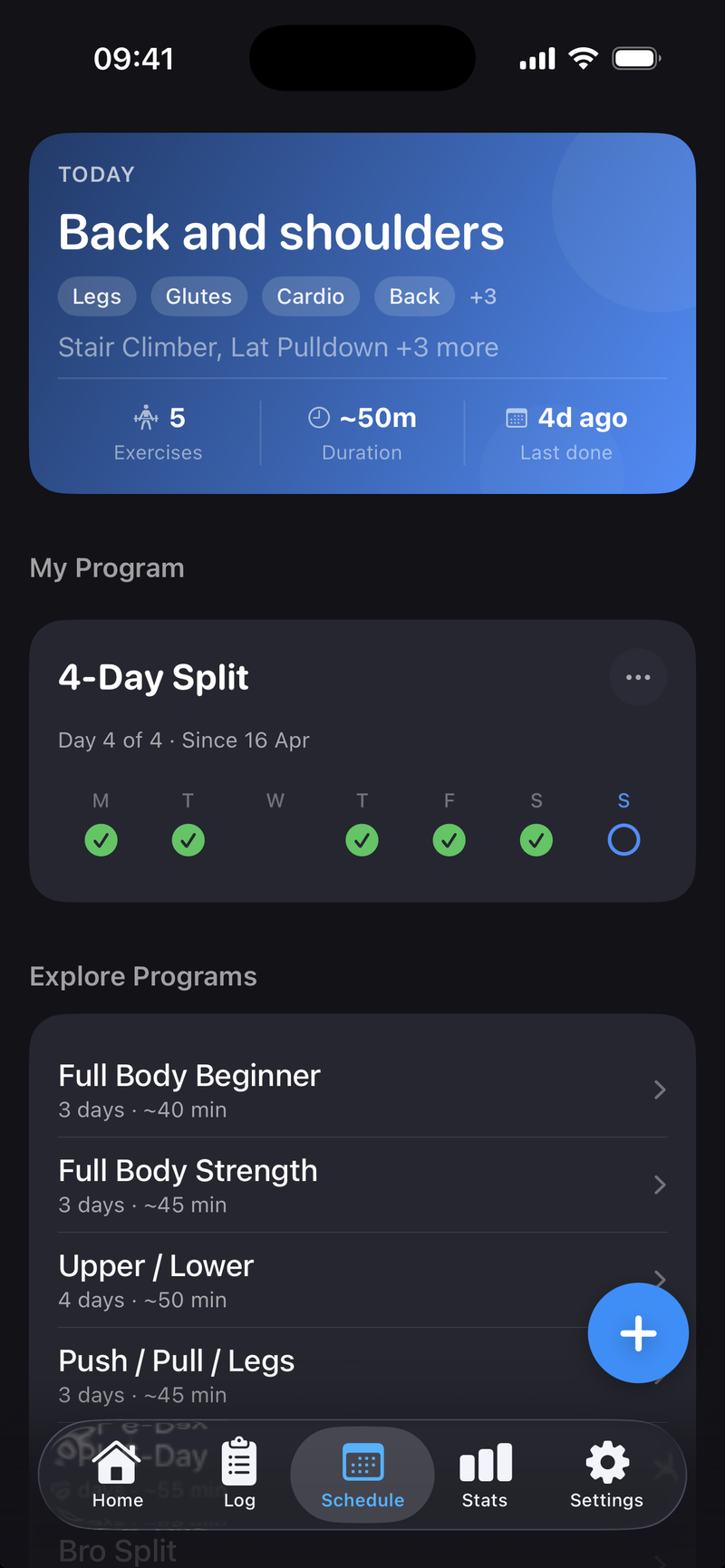 Training schedule for the week