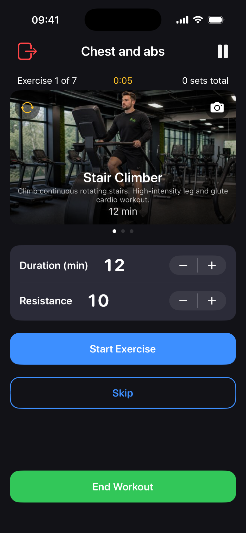 Guided cardio exercise with duration and resistance controls